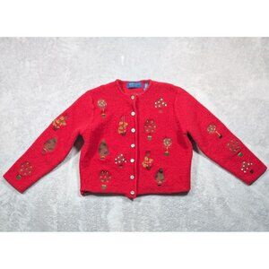 Karen Scott Pure Wool Cardigan Sweater Womens XL Plants Grandmacore Nostalgia